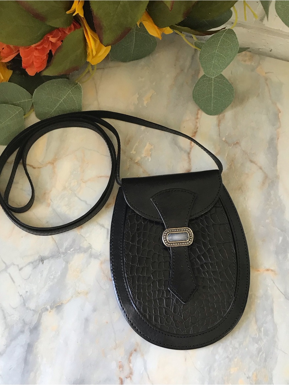 Brighton Black Croc Embossed Belt Pouch Removable Shoulder Strap Unique